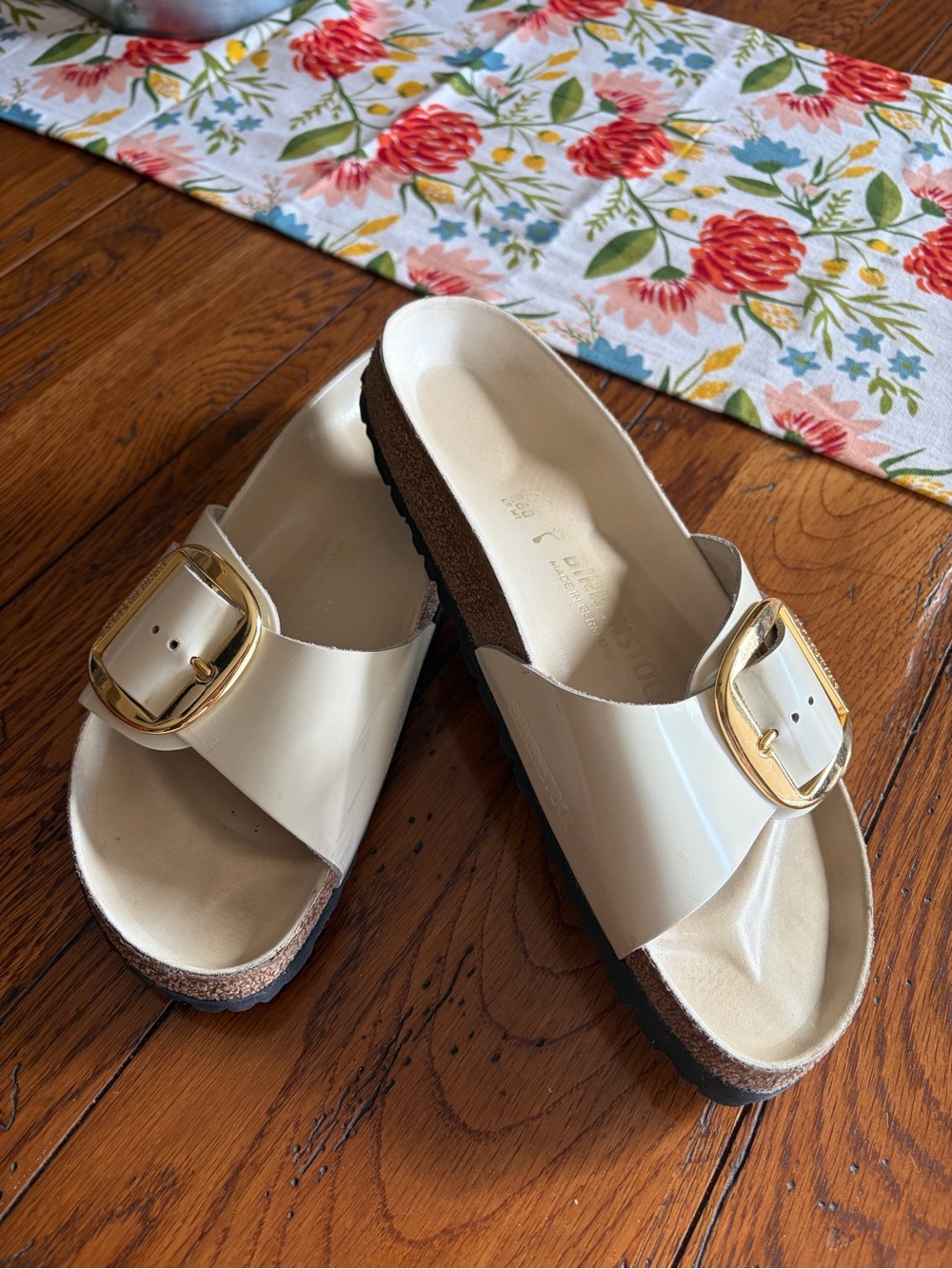Birkenstock Cream Patent Slide Sandals with Gold Buckles
